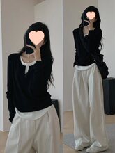 黑色假两件长袖T恤女春秋不规则拼接修身显瘦内搭针织打底衫上衣
