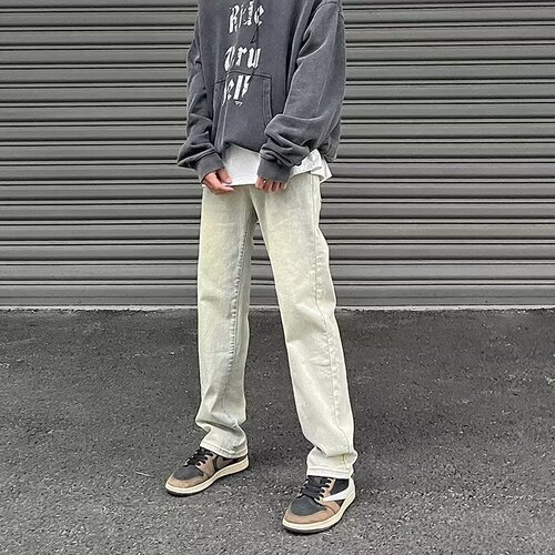Urban Chic Vibe Pants - High Street American Retro Yellow Clay Denim for Men - Summer Distressed Straight Leg Micro Bell Bottoms
