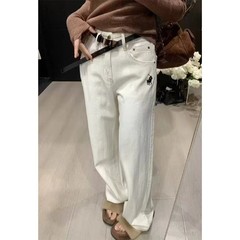 [经典小马刺绣品质款]2025秋冬款白色牛仔裤百搭直筒裤阔腿裤6106