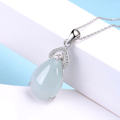 S925银镶水滴项链女款翡翠吊坠女时尚款式女玉坠玉石玉器生日礼物