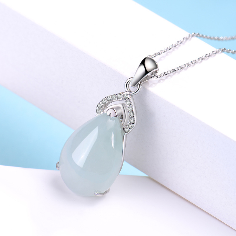 S925银镶水滴项链女款翡翠吊坠女时尚款式女玉坠玉石玉器生日礼物