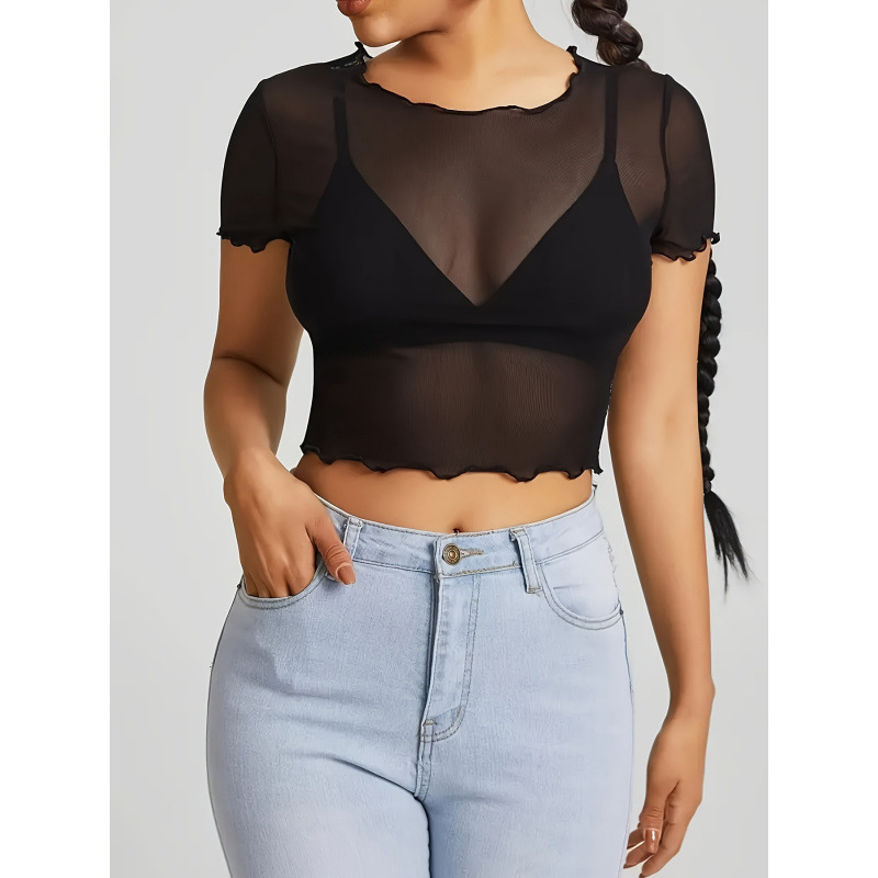 Women's Summer Short Sleeve Top - Semi-Transparent Mesh Ruffled Black Pullover Fashionable Sexy Top T-Shirt Women's Summer Short Sleeve Top - Semi-Transparent Mesh Ruffled Black Pullover Fashionable Sexy Top T-Shirt