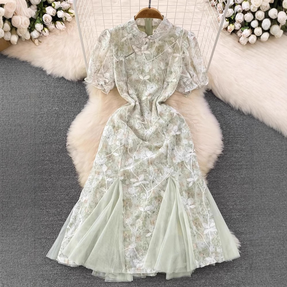 Cross-border High-end Modified Cheongsam For Women, Summer 2023 New Vintage Chinese-style Stand-up Collar,_ecoleips.com