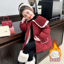 外贸秋冬学生女童洋气加绒棉服加厚中长款大衣秋冬装毛线领外套