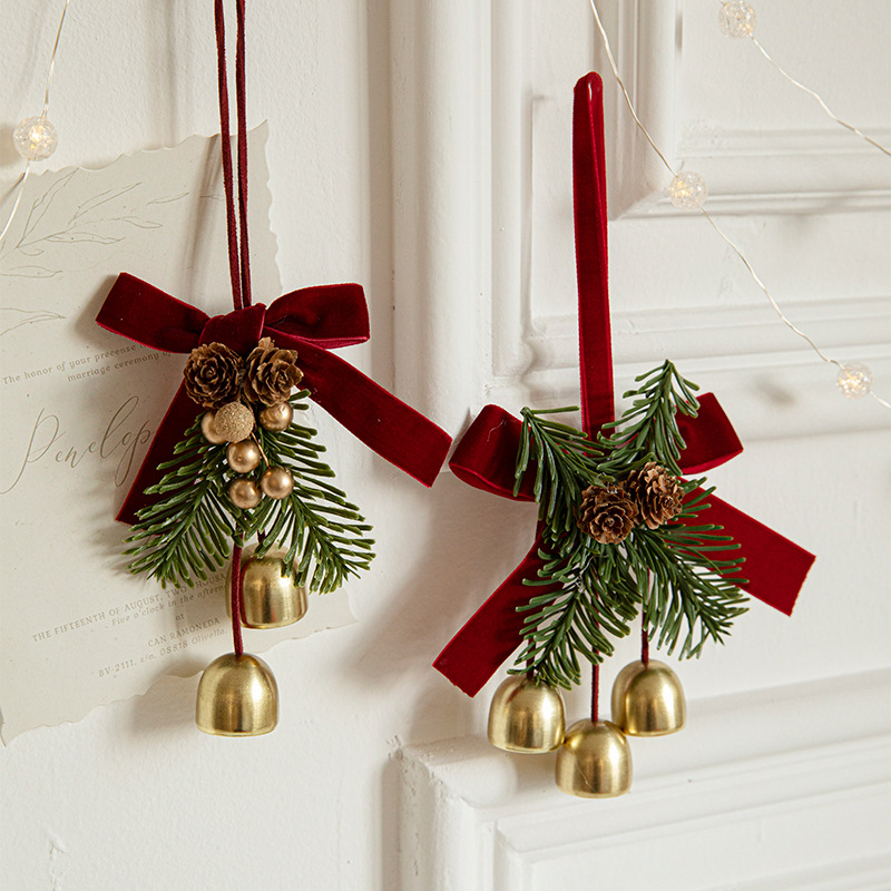 Colgante de Navidad campana pequeña pajarita de terciopelo árbol de Navidad piñas decoración de escena suministros colgante pequeño