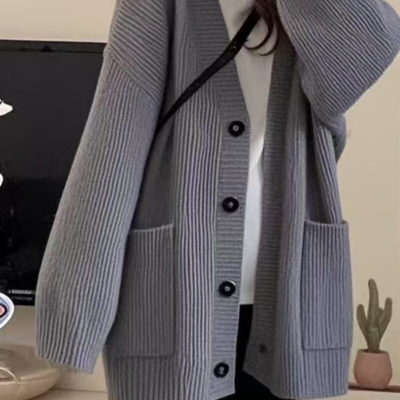 欧美跨境2025秋冬新款纯色毛衣女开衫外套宽松气质服饰针织衫上衣|undefined