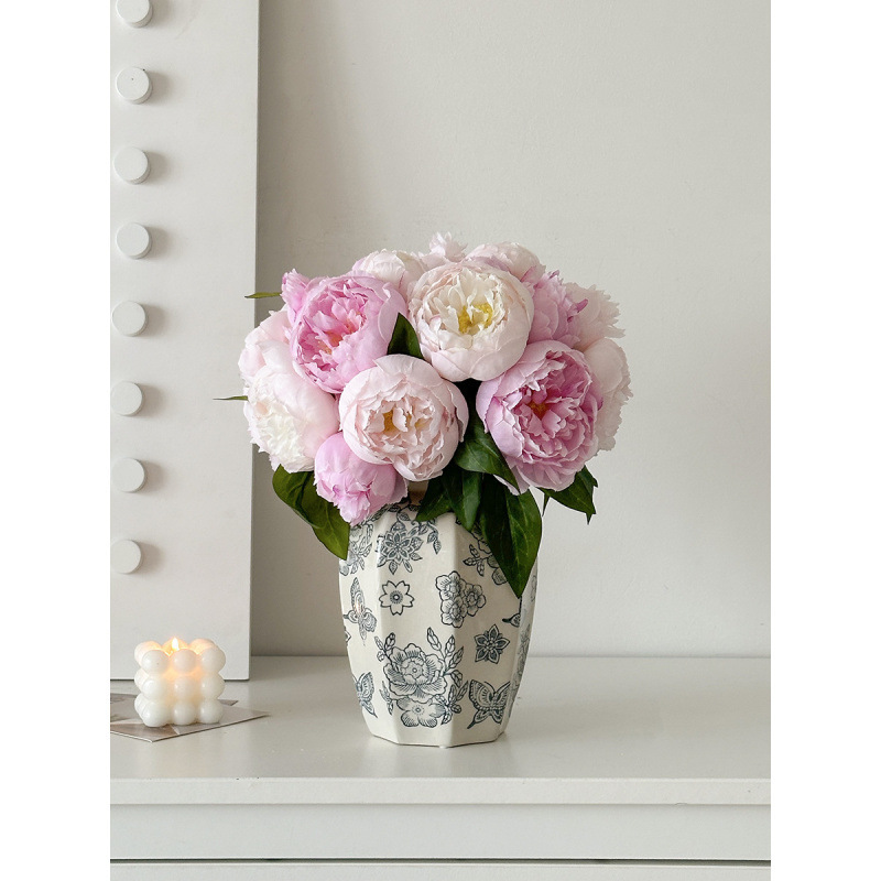 Nuevo jarrón de cerámica azul china nueva decoración de estilo chino sala de estar floral decoración de vestíbulo de estilo antiguo peonía floral