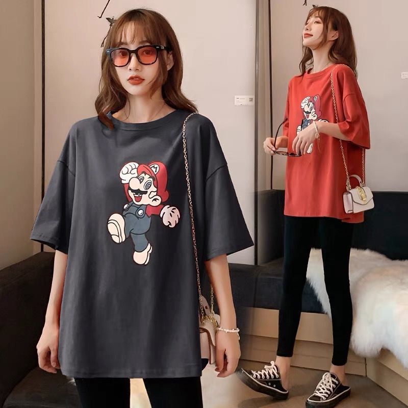 Maternity Wear, Summer Wear, Fashionable for Going Out, Sporty, Pure Cotton, Loose Fit, Petite Size, Summer Mid-Length T-Shirt, Cartoon Korean Style