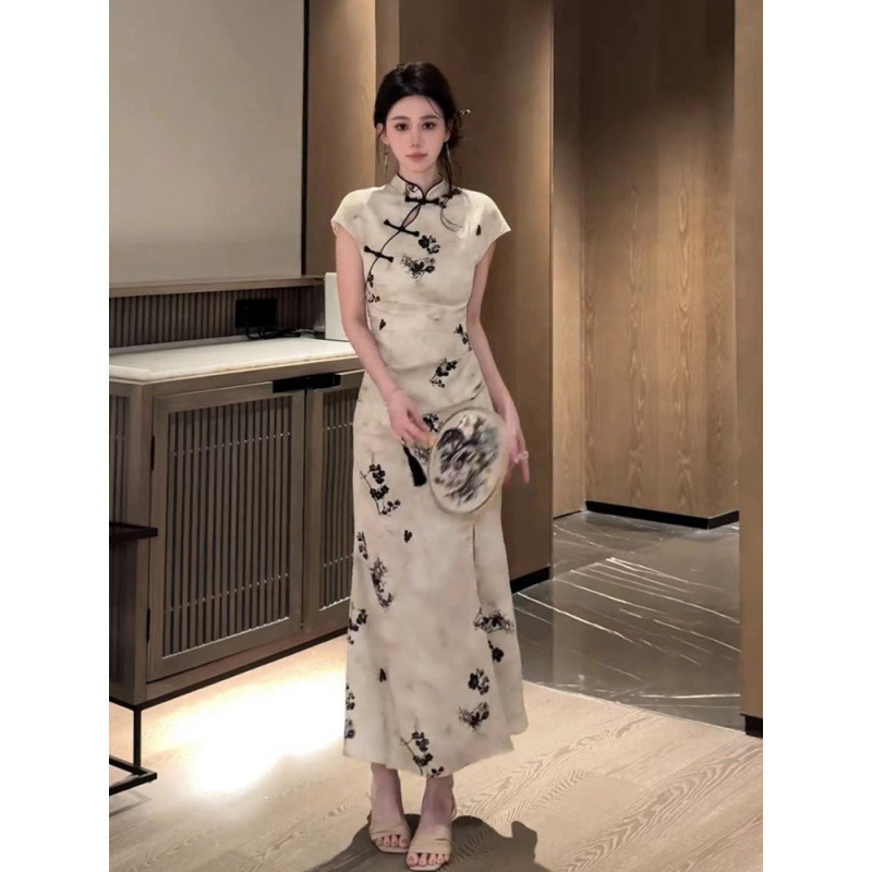 フランス風中国風水墨画ボタン付きドレス女性の夏のスタンドカラースリムフィット純粋な欲望の気質新しい中国風スリット改良|undefined