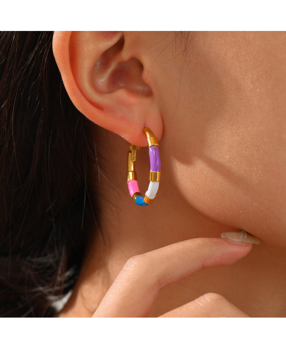 Fashion C Shape Stainless Steel Gold Plated Hoop Earrings 1 Pair