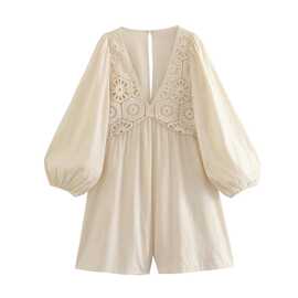 现2024欧美风女装新款钩针拼接短款连体短裤  2643