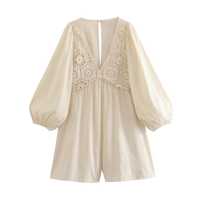 2025 Export Cross-Border Wholesale European and American Clothing Crochet Splicing Short Jumpsuit 2643