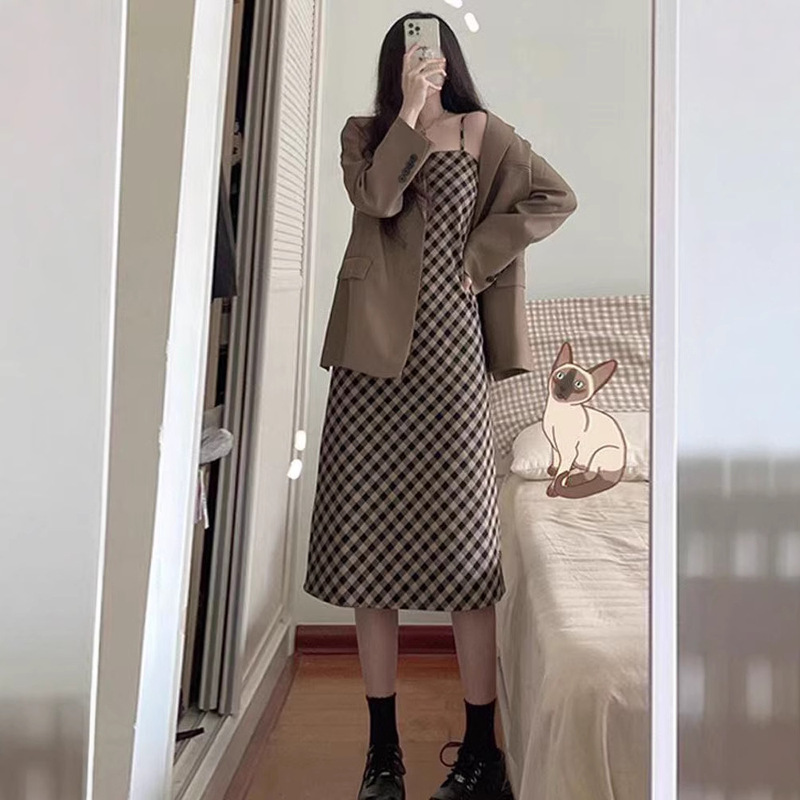 2025 Summer suit Women's New Suit Jacket Long Dress Small Suit with Plaid Sling dress Two-piece Set 2025 Summer suit Women's New Suit Jacket Long Dress Small Suit with Plaid Sling dress Two-piece Set