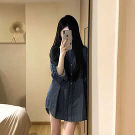 港味条纹衬衫女装秋季新款外穿宽松气质显瘦休闲慵懒风上衣中长款