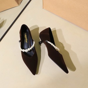 2355-K216 French pointed Mary Jane shoes for women, slim heels with pearls, versatile suede temperament, small single sh