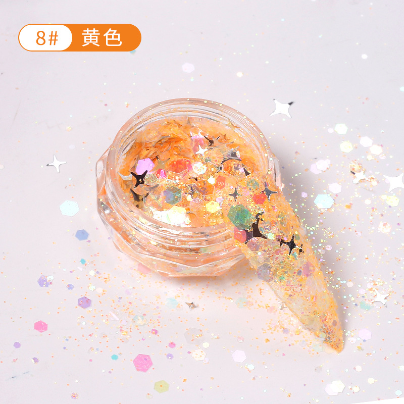 Celebridad de Internet nuevo multicolor clavo estrella flash lentejuelas tamaño mezclado láser brillo uñas lentejuelas joyería en caja