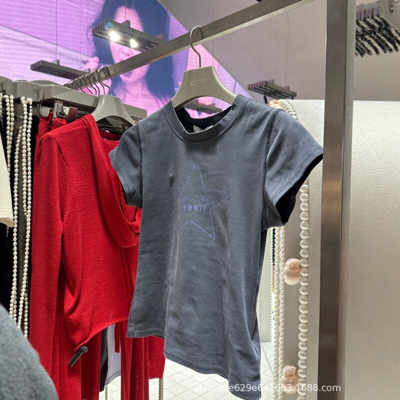 26Ss Nanyou Haute Couture/Boutique Store Niche Jennie-Style Five-Pointed Star Rhinestone Round-Neck T-Shirt