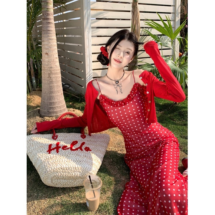 Mr [Chiffon + Lining] Red Polka Dot Suspender Dress Women's Spring and Summer French Style Waist A-Line Skirt Long Skirt