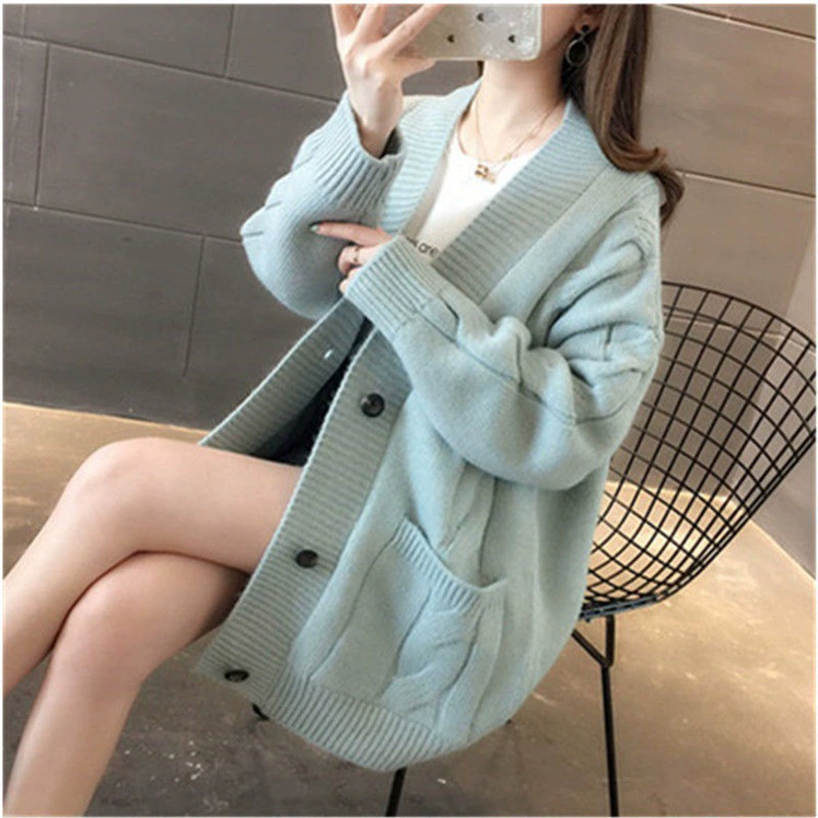 Женский свитер на осень и зиму, новинка 2023 года, вязаный свитер с узором, средней длины, однотонный, в стиле casual, кардиган.