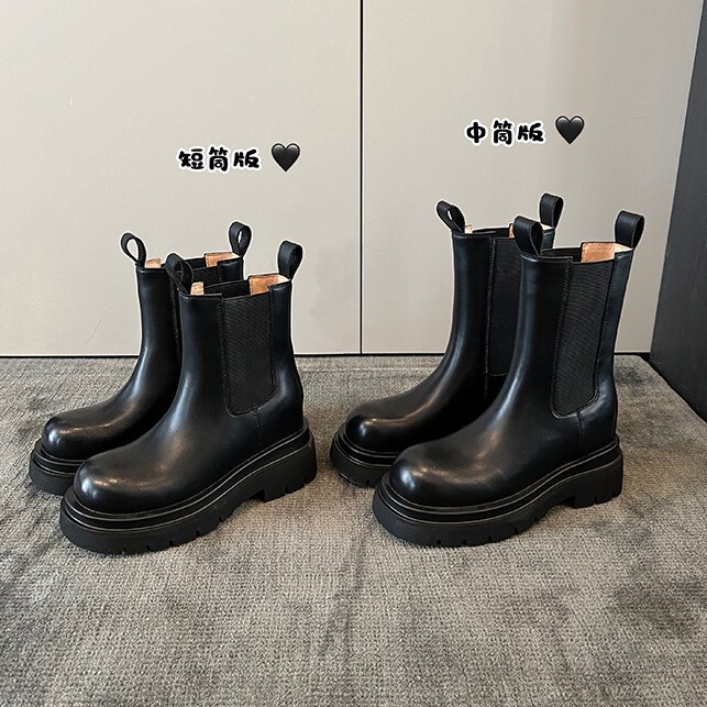 Bv Classic Style with 7cm Inner Height Increase ~ Cowhide Thick-Soled Elegant Mid-Short Motorcycle Boots 2025 Autumn Women's Chimney Boots