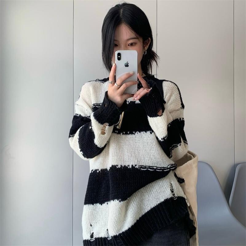 Black and White Striped Sweater for Women, Loose Outer Wear, Autumn Design, Hot Girl Mid-Length Ripped Sweater, Long Sleeves Black and White Striped Sweater for Women, Loose Outer Wear, Autumn Design, Hot Girl Mid-Length Ripped Sweater, Long Sleeves