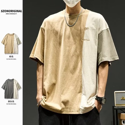 Summer Color Block Splicing Short Sleeve T-Shirt for Men, Japanese Style Loose Fit Versatile Trendy Embroidered Crew Neck Basic Top Shirt