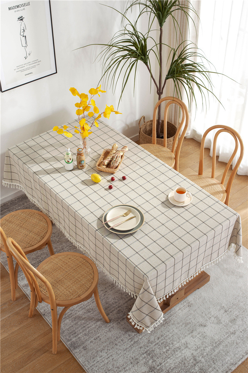 Cafe Double-line Plaid Cotton-polyester-linen Tassel Geometric Rectangular Dining And Coffee Table Tablecloth, Available_voghion.com