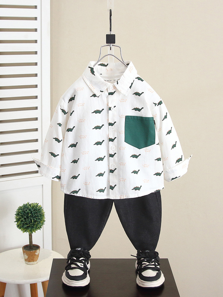Camisa de Dinosaurio de Dibujos Animados para Niños 6268, Estilo Otoño 2026, Camisa de Manga Larga para Bebés, Ropa Infantil para Primavera y Otoño