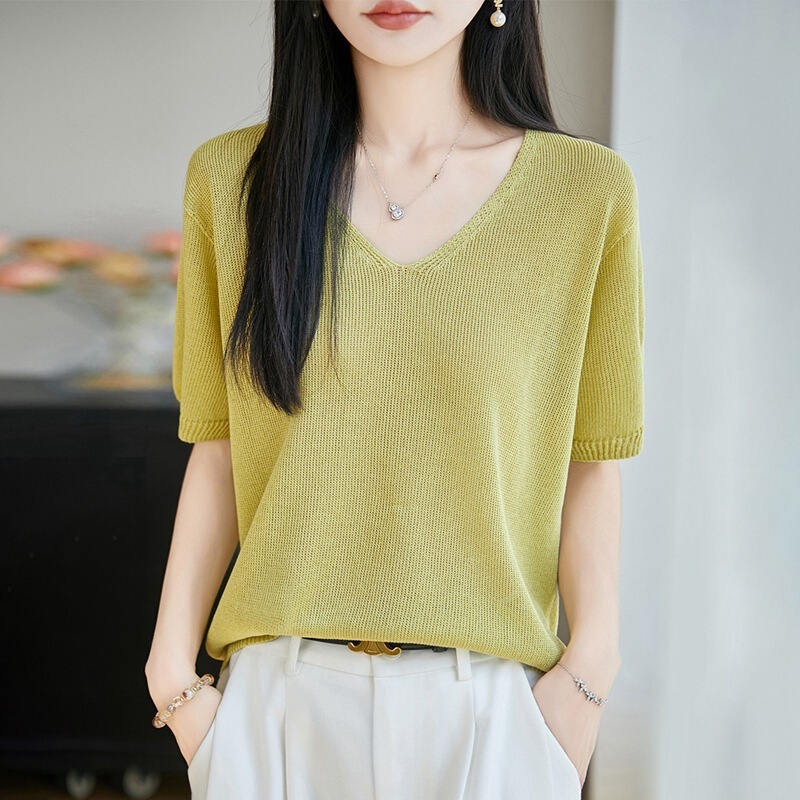 Summer Pearl Linen Cool-Touch V-Neck Skin-Friendly Breathable Knit Short-Sleeve T-Shirt for Women, Regular Shoulder, Thin, Loose Fit, Slimming Base Shirt