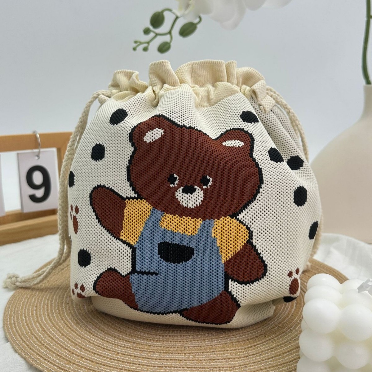 Cartoon Graphic Knit Soft Bucket Drawstring Drawstring Bag 4