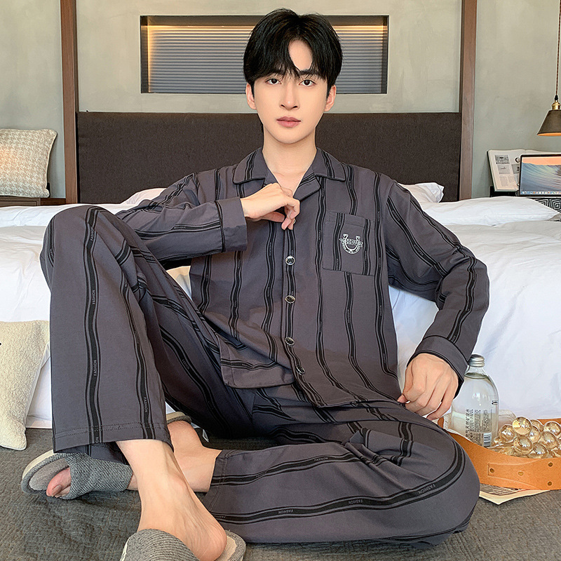 2025 新しいパジャマメンズ秋と冬の綿ルーズ長袖カーディガンラペルハイエンドホームウェアセット