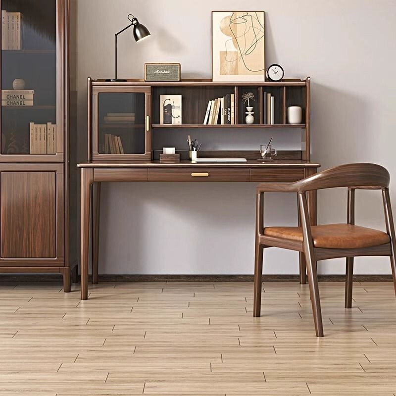 New Chinese-Style Black Walnut Solid Wood Desk with Drawers, Home Study Desk and Chair, Integrated Bookshelf, Study Room Office Desk
