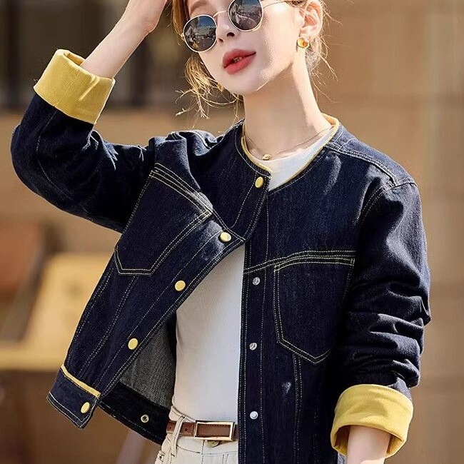 Women's Denim Jacket 2026 Spring and Autumn New Style Petite Trendy Casual Youthful European Style Color-Block Jacket Top
