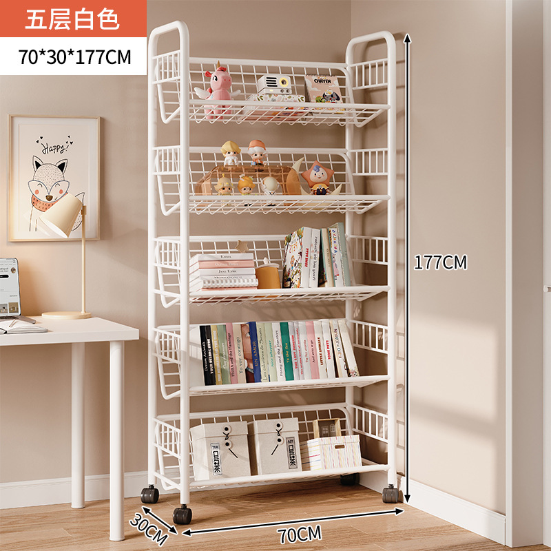 Estante de libros para niños Estante de almacenamiento de hierro forjado contra la pared Estante de almacenamiento de piso Estante de ruedas plegable móvil junto al escritorio