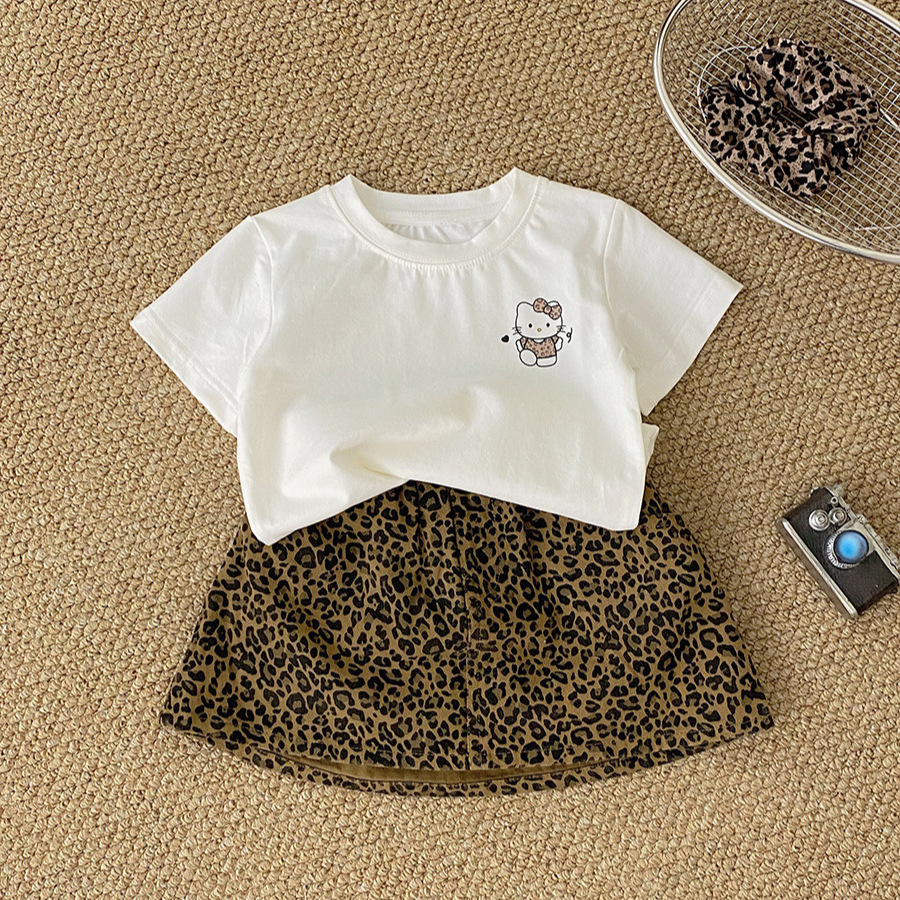 Girls Summer Kt Cat Suit Korean Fashionable Cartoon Short-Sleeved T-Shirt Kidsren's Sweet and Cool Leopard Print Skirt Two-Piece Set