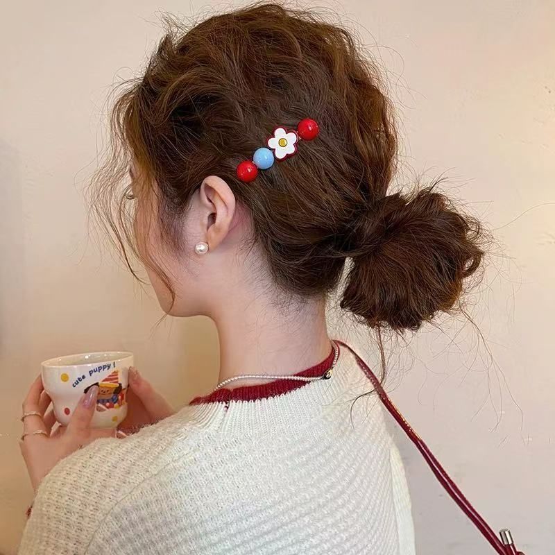 3 # ボールビーズフラワーヘアピン - 約6cm