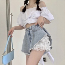 设计感蕾丝毛边阔腿牛仔短裤女秋冬大码胖妹妹mm显瘦百搭A字热裤