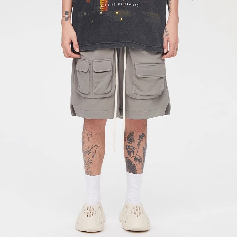 American Retro Trendy High Street Vibe Terry Multi-Pocket Zipper Tactical Cargo Functional Heavy Loose Shorts for Men