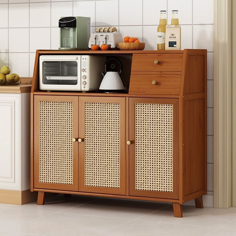 Natural Wood Style Rattan Woven Sideboard with Drawers and Open Shelves, Multifunctional Storage Cabinet for Home, Restaurant, and Dining Room Natural Wood Style Rattan Woven Sideboard with Drawers and Open Shelves, Multifunctional Storage Cabinet for Home, Restaurant, and Dining Room