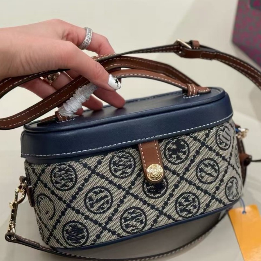 tory女包工厂直供批发牛皮帆布斜跨老花盒子包tb