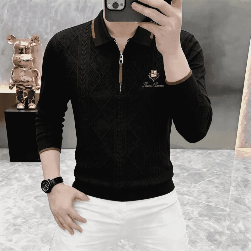 2026 Autumn New Men's Casual Long-Sleeve Faux Knit Fashion Versatile Half-Zip Collared Sweatshirt