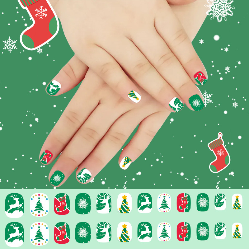 Nueva Navidad para niños pieza de uñas 24 piezas portátil pieza de uñas terminado ciervo muñeco de nieve parche falso clavo pieza de uñas