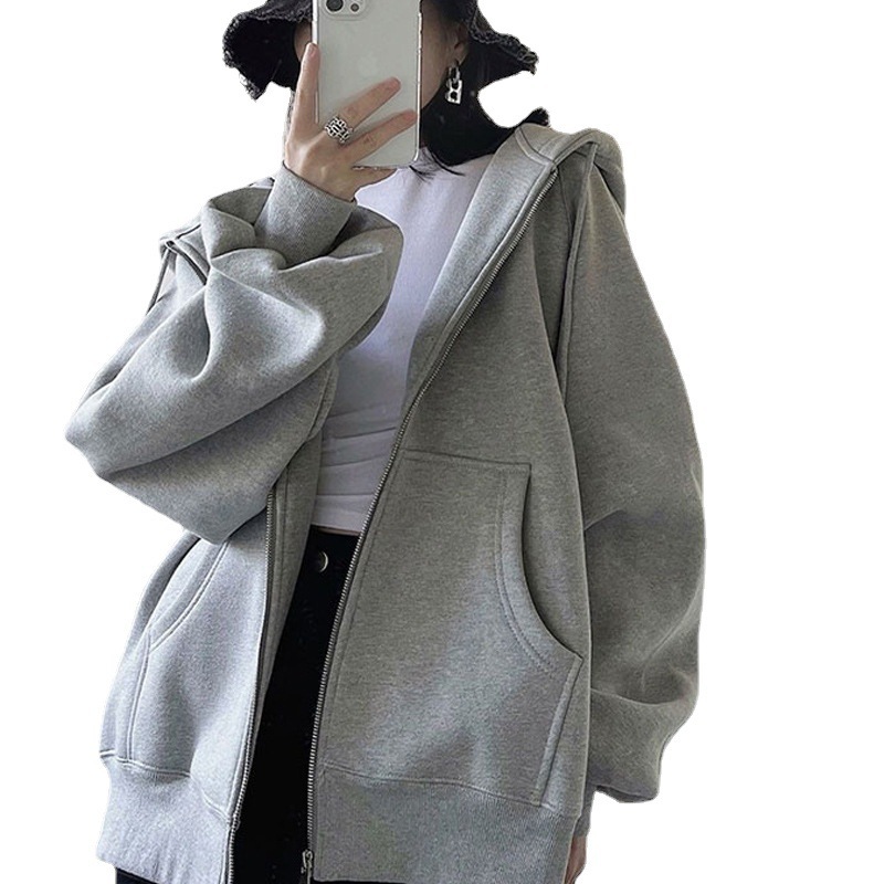 2025 新しい薄いフード付きジッパージャケット男性と女性のための秋ルーズカジュアル男性と女性のグレーのスウェットシャツシンプルなトップス|undefined