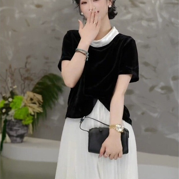 Contrast Color Collar Thin Velvet Short-Sleeve T-Shirt for Women, 2026 Summer New Hepburn Style, Elegant and Luxurious Trendy Top