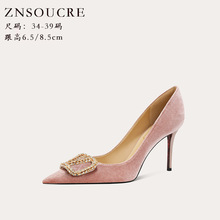 718-45 金属扣水钻尖头单鞋性感细跟办公室简约高跟浅口鞋透气鞋