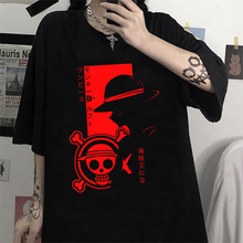 海贼王路飞LUFFY RED欧美跨境纯棉女宽松短袖 卡通印花T恤加大码