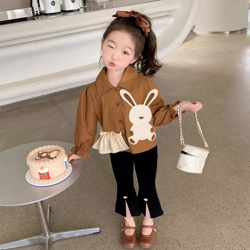 Girls' Set 2025 Spring New Korean Style Rabbit Flared Pants Fashionable Popular Casual Two-Piece Set