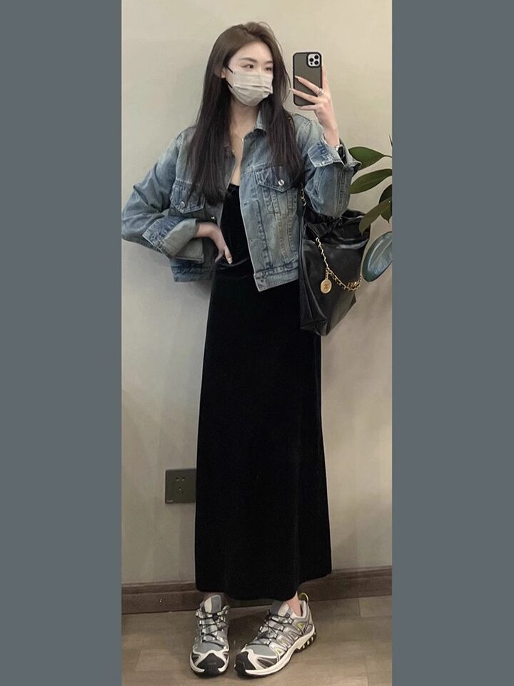 Áo khoác denim ngắn dáng rộng cổ polo cho nữ, dài tay, phong cách giản dị — Áo khoác bò dài tay, Màu nâu (trà nâu), màu xanh chi tiết 22