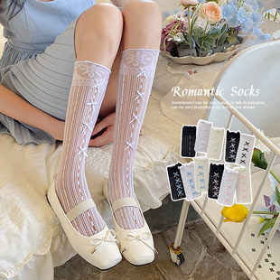 Cave Bow Middle Tube Spring and Summer Thin Women's Lolita Lace Solid Color Pile Socks Japanese Ballet Cute Calf