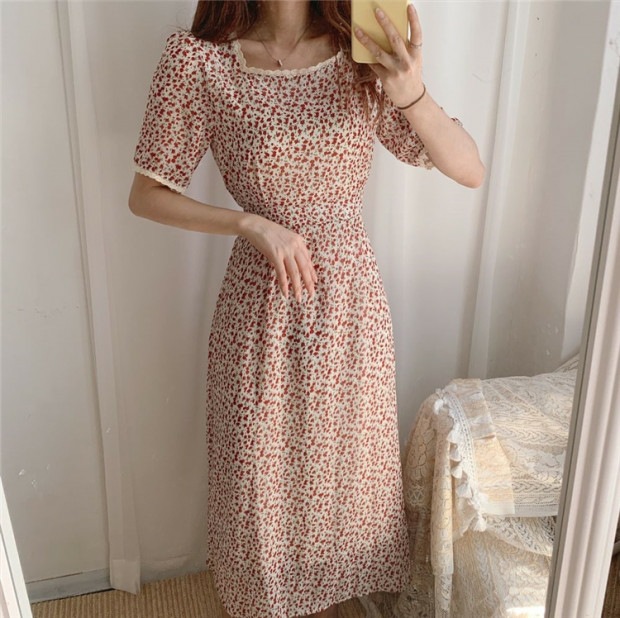 retro mid-length square collar slim floral dress  NSFYF56264